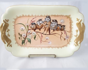 Vintage Hand Painted Birds on Ceramic Platter: Robins on Branch Gold Accents