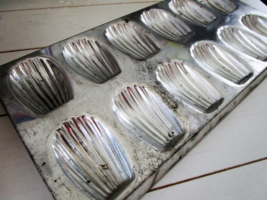 Vintage 12 Tin Madeleines Cookie Molds Pan Sheet Cake Soap Molds French Farmhouse Rustic Cottage