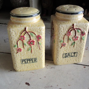 Pair of Arts and Crafts era Salt and Pepper Shakers 7 1/4&quot; Tall Cabin Cottage Kitchen marked Japan