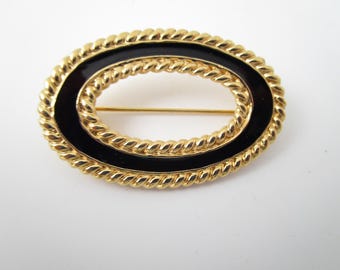 Vintage MONET Oval Brooch With Gold Rope Design and Black Enamel 1 3/4" Wide