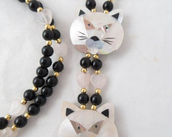Mother of Pearl Inlay Cat Faces Double Strand Beaded Necklace Black and White 13" Drop