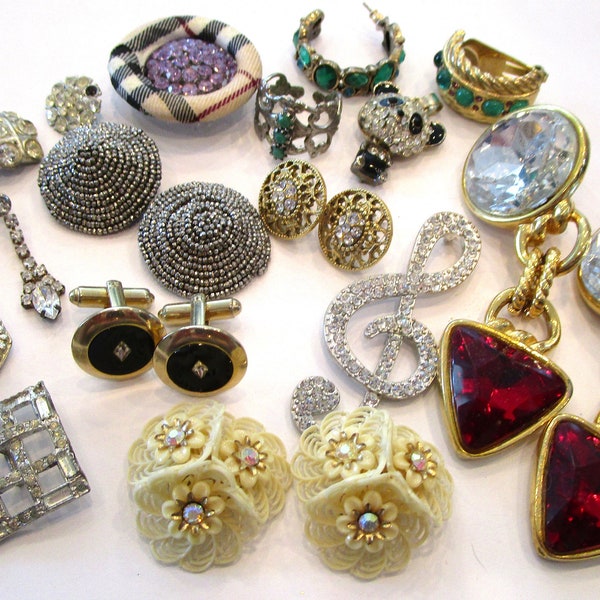 Vintage Junk Drawer Lot Rhinestone Earrings Pendants Cuff Links Buttons Broken Jewelry Parts Upcycle Repurpose Assemblage
