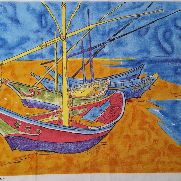 Kreier Souvenir Cotton Handkerchief Hanky Vincent Van Gogh Fishing Boats 13 1/2" Square Gerbrend Creation Switzerland