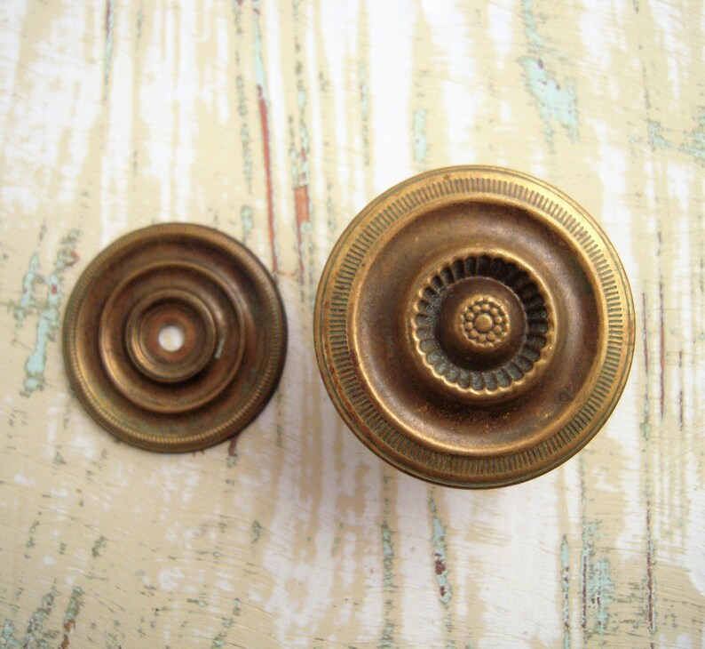Antique Round Brass Drawer Knob Pull With Face Plate Raised Etsy