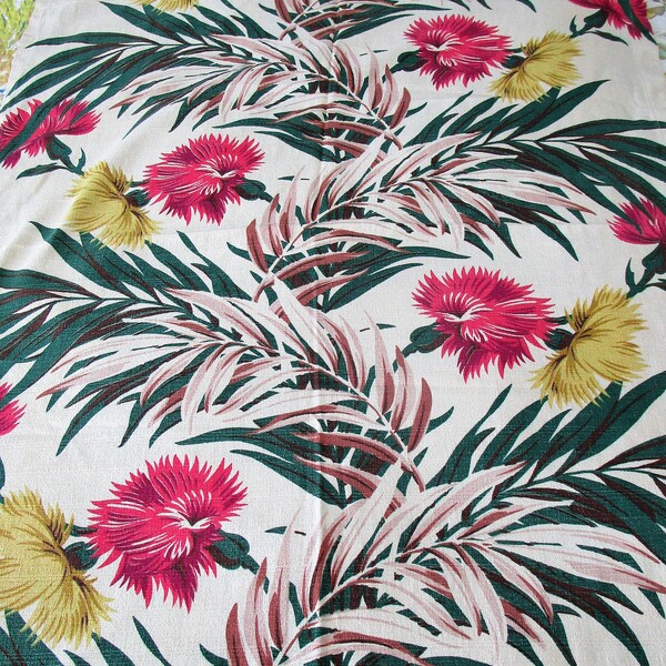 Vintage Barkcloth Tropical Fuchsia & Yellow Flowers Leaf Fronds Panel 32" x 75" Florida Pillows Crafts Sewing Bark Cloth Textile