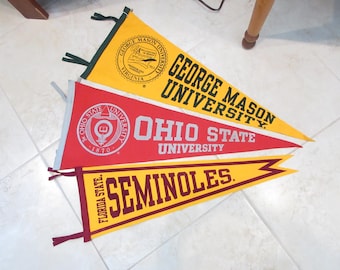 Banderines de fieltro vintage de gran tamaño, recuerdo universitario: FL Seminoles, George Mason y Ohio State.