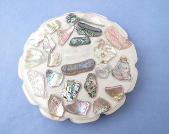 Vintage 1969 Abalone Seashell Resin Lucite Acrylic Trivet Pressed Preserved Tropical Trivet