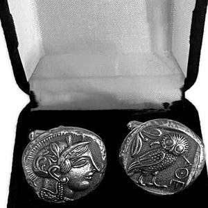 Athena & Owl, Ancient Greek Replica Coin Cuff Links, Goddess of Wisdom, “Mark of Athena” Percy Jackson Fans Annabeth's Mom, Stocking Stuffer