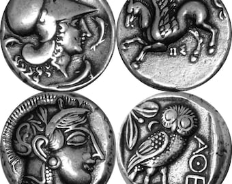 May include: Four antique silver coins. Two coins feature profiles of figures wearing helmets. One coin depicts a winged horse. The fourth coin shows an owl with an olive branch and Greek letters.