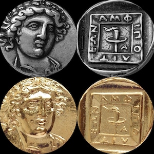 May include: Two sets of ancient Greek coins, one set is silver and the other is gold. The silver coins feature a profile of a man with curly hair and a beard. The gold coins feature a square with a torch inside. The text on the coins reads "AMΦ ZΣW AΛIV".