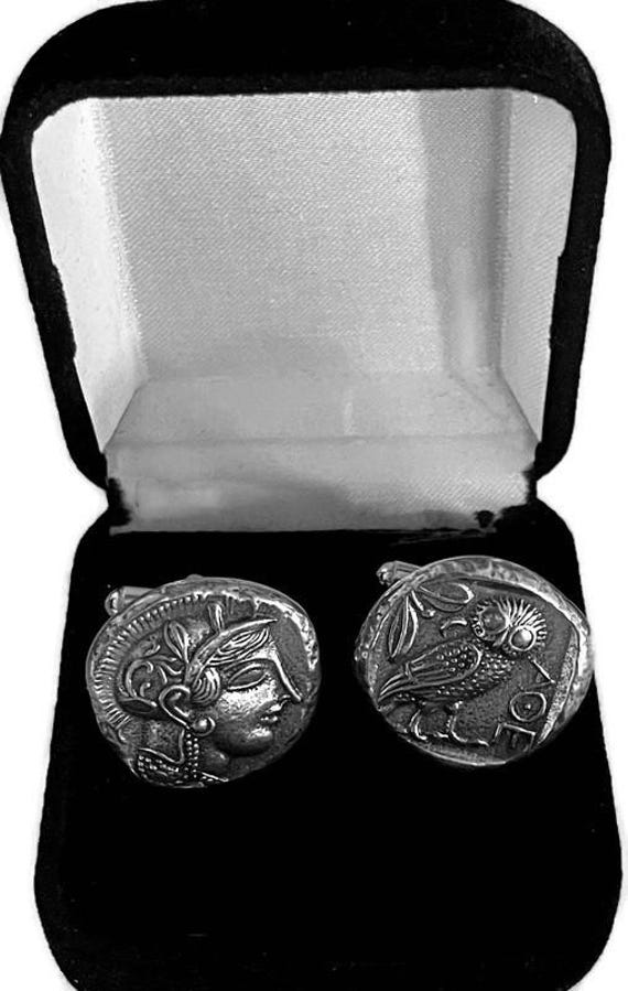 Athena & Owl, Ancient Greek Replica Coin Cuff Links, Goddess of