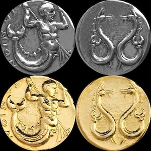 May include: Two silver and two gold coins depicting a mythical creature with a human torso and a fish tail. The creature is holding a spear in its right hand and is surrounded by two snakes.