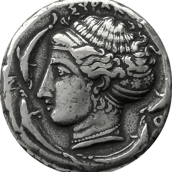 Arethusa and Chariot, Quadriga with Nike Above, Patron Nymph of Syracuse, Famous Greek mythology Coin.