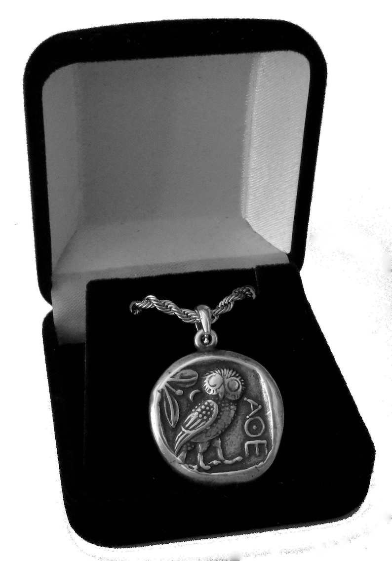 May include: Silver-toned pendant necklace featuring a detailed owl design within a circular frame. The pendant is displayed in an open black velvet jewelry box. The owl is depicted with intricate details, and the necklace chain is visible.