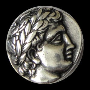 May include: A silver coin with a detailed profile of a person wearing a laurel wreath. The person's face is turned to the right and the coin has a smooth, slightly textured surface.