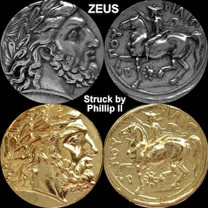 Zeus, King of the Gods,Struck by Phillip II,Famous Greek Mythology Coin, Father of Apollo, God of the Sun & Artemis, Goddess of the Hunt.