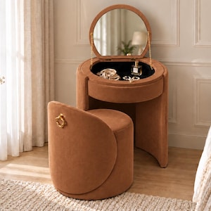 Orange Vanity Table with Mirror and Stool, Upholstered Makeup Vanity with Hidden Storage