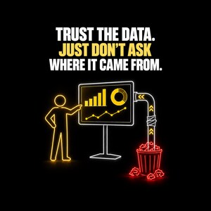 Op de afbeelding: Een neon-stijl afbeelding op een zwarte achtergrond met een geel stokfiguur dat naar een grafiek wijst. De tekst luidt: TRUST THE DATA. JUST DON'T ASK WHERE IT CAME FROM. Een pijp verbindt het bord met een rode neon prullenbak eronder.