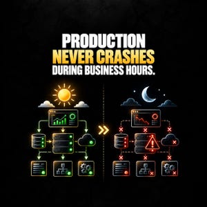 Może przedstawiać: Grafika na czarnym tle z tekstem PRODUCTION NEVER CRASHES DURING BUSINESS HOURS. Po lewej stronie znajduje się ikona słońca z zielonymi schematami działających serwerów, a po prawej księżyc z czerwonymi symbolami błędów.