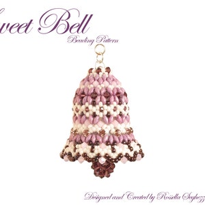 May include: A beaded bell ornament in shades of purple, white, and brown. The bell is made with small seed beads and has a delicate, intricate design. "Sweet Bell Beading Pattern" is written above the bell.