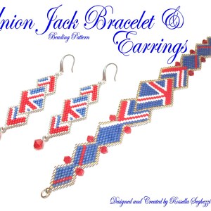 May include: A beaded bracelet and earrings with a Union Jack design. The bracelet and earrings are made with blue, red, and white beads and silver wire.