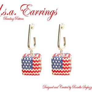 May include: A pair of silver earrings with a red, white, and blue beaded cube charm that resembles the American flag. The earrings are labeled "U.s.a. Earrings Beading Pattern".