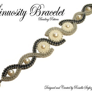 May include: A black and silver beaded bracelet with white pearls. The bracelet is designed in a sinuous pattern and has a clasp closure. The text "Sinuosity Bracelet Beading Pattern" is written above the bracelet.