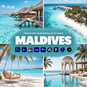 Puede incluir: Un collage de cuatro escenas tropicales con bungalows sobre el agua en las Maldivas, una playa de arena blanca, una silla colgante de mimbre y un pabellón con piscina. El texto dice TRANSFORM YOUR PHOTOS IN SECONDS MALDIVES con iconos.
