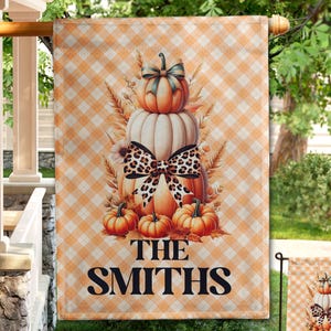 Personalized Fall Pumpkin Garden Flag, Leopard Bow Orange Gingham, Autumn Yard Decor