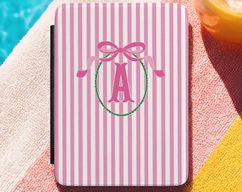 Personalized Pink Stripe Kindle Case, Paperwhite & Colorsoft, Faux Saffiano Leather, Coquette Bow, Signature Edition