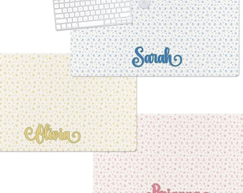 Personalized Preppy Floral Desk Pad, Custom Keyboard Mat, Dainty Blue Flowers