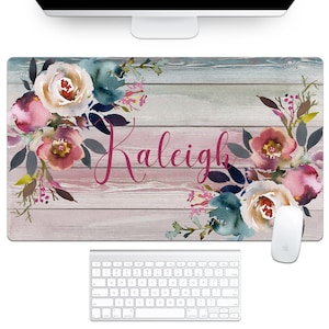 Dusty Blue Mauve Floral Desk Pad, Personalized Keyboard Mat, Gift for Coworker