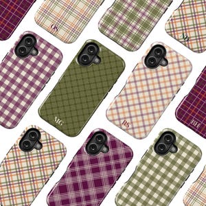 image of a collection of iPhone cases with 9 patterns to choose from; plaid, gingham tartan and checkered in warm colors olive, cream, plum, burgundy and harvest tones, personalized with a delicate name, monogram or initials. Available for the 17, 16, 15, 14, 13, 12 iPhone models. Clear, slim, tough and MagSafe case styles.