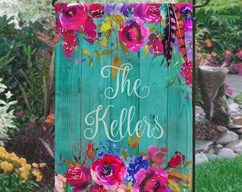 Personalized Watercolor Floral Garden Flag, Custom Family Name Yard Art