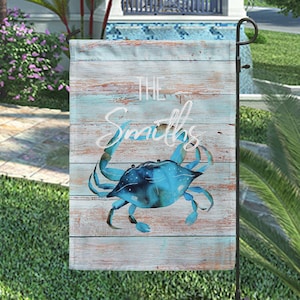 Beach House Flag, Personalized Nautical Porch Decor with Blue Crab Watercolor Design