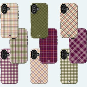 image of a collection of iPhone cases with 9 patterns to choose from; plaid, gingham tartan and checkered in warm colors olive, cream, plum, burgundy and harvest tones, personalized with a delicate name, monogram or initials. Available for the 17, 16, 15, 14, 13, 12 iPhone models. Clear, slim, tough and MagSafe case styles.