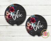 Personalized Car Coasters - Navy Burgundy Roses - Black Weathered Wood - Monogrammed Car Coasters - Car Accessory - Rustic Chic Design