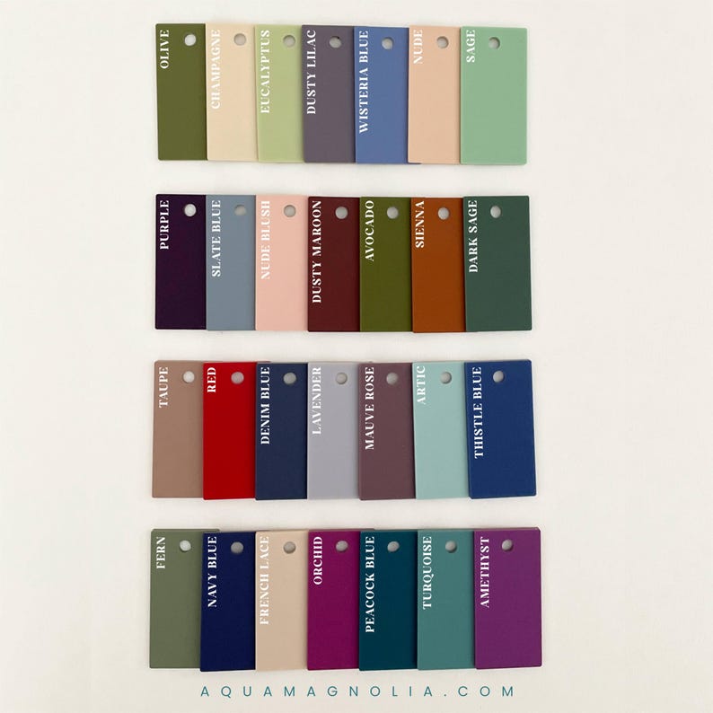 image of matte acrylic color options - dusty maroon, nude blush, champagne, beige, eucalyptus, tangerine, taupe, fern, artic blue, sienna, olive, peacock blue, turquoise, denim blue, orchid, purple, avocado, wisteria, navy blue