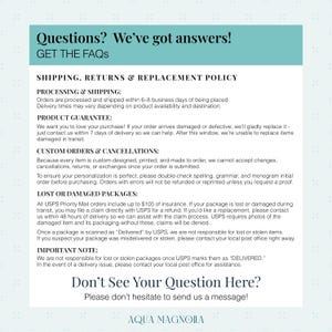 Aqua Magnolia FAQ graphic with details on shipping times, custom order policies, product guarantee, and lost or damaged package replacements for personalized gifts and home décor.