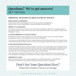Aqua Magnolia FAQ graphic with details on shipping times, custom order policies, product guarantee, and lost or damaged package replacements for personalized gifts and home décor.