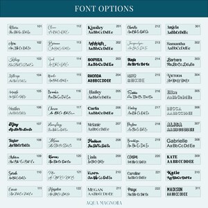 A Font options chart with 55 styles ranging from elegant script and handwritten to bold block, modern, and decorative fonts. Each font is labeled with a name and number for easy selection.
