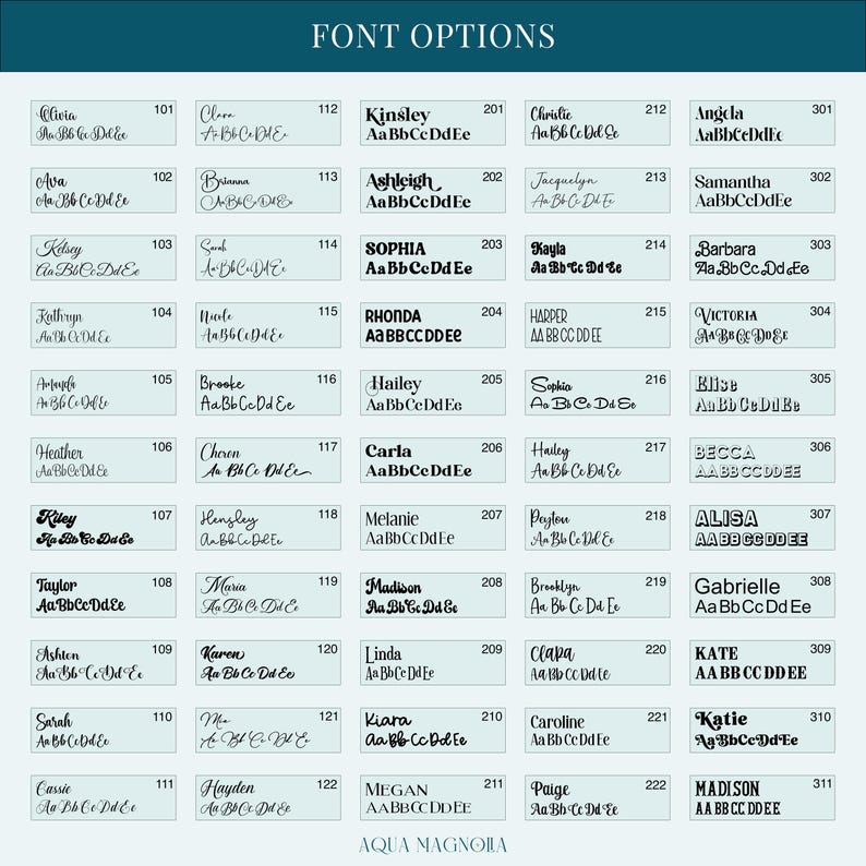 A Font options chart with 55 styles ranging from elegant script and handwritten to bold block, modern, and decorative fonts. Each font is labeled with a name and number for easy selection.