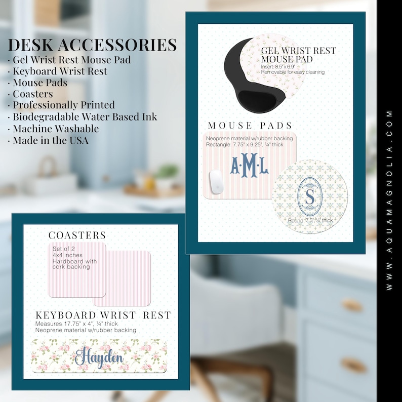 Personalized desk accessories; Gel wrist rest mouse pad, keyboard wrist rest, mouse pads, coasters, professionally printed, biodegradable water based ink, machine washable. Made in the USA