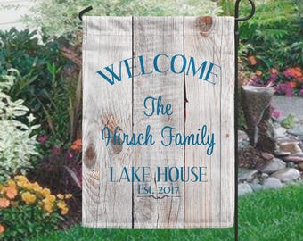 Lake House Rustic Garden Flag, Personalized Double Sided Yard Art