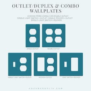 image of custom acrylic combo light switch and duplex wall plates available in single or double outlet, single toggle + single outlet, rocker + single outlet and toggle + rocker covers.