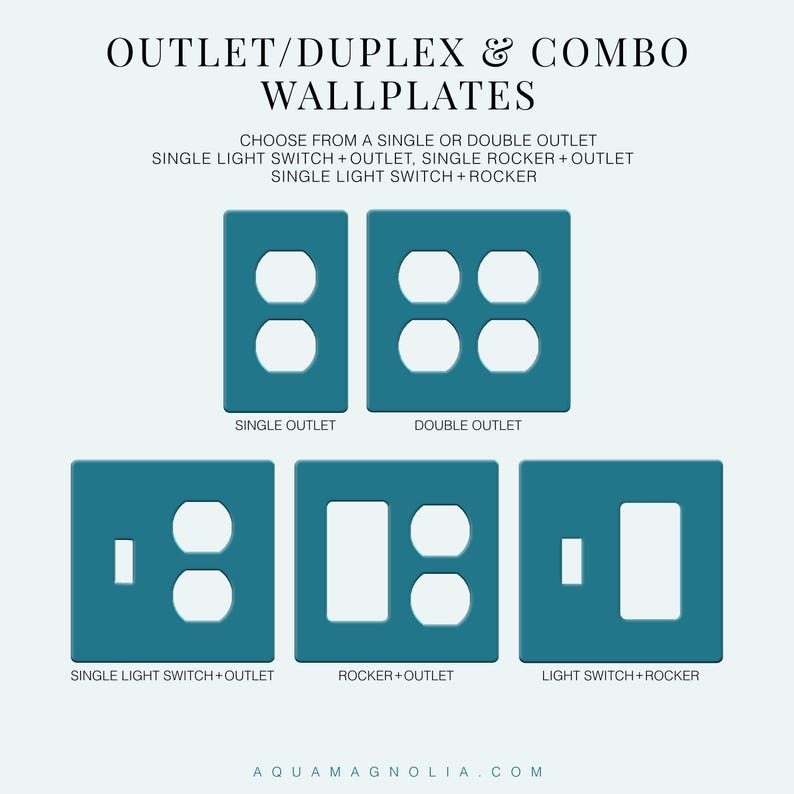 image of custom acrylic combo light switch and duplex wall plates available in single or double outlet, single toggle + single outlet, rocker + single outlet and toggle + rocker covers.