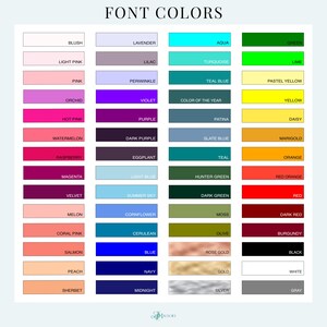 Font color chart displaying 56 color choices including reds, oranges, yellows, greens, blues, purples, pinks, neutrals, and metallics.