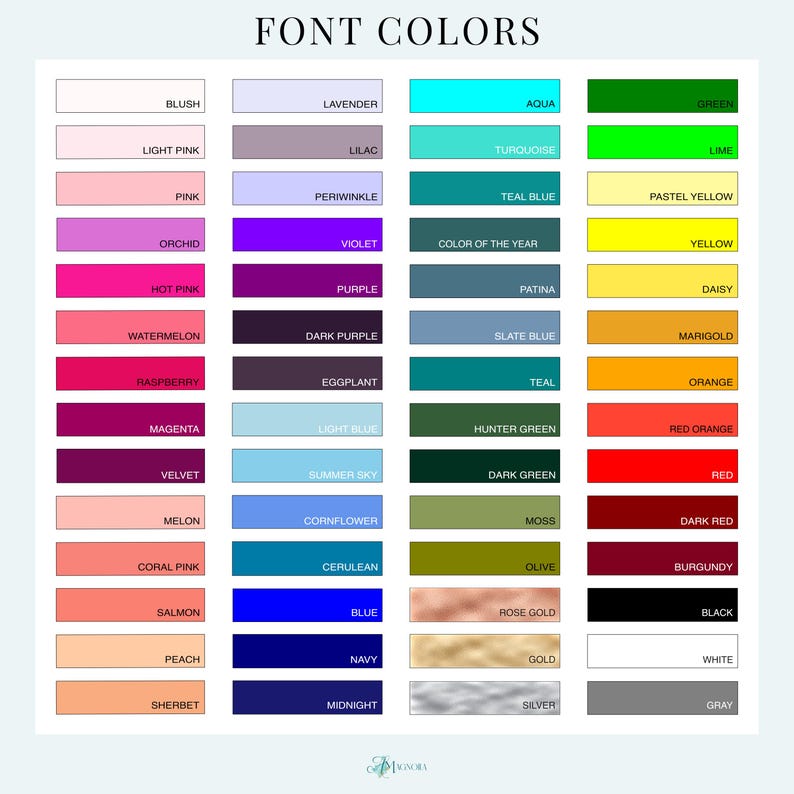 Font color chart displaying 56 color choices including reds, oranges, yellows, greens, blues, purples, pinks, neutrals, and metallics.