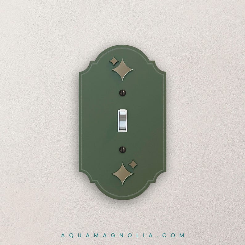 image of a custom made acrylic vintage olive green light switch wall plate, including rocker wall plate, outlet covers and combo electrical covers. Made to order and laser cut from your choice of 28 trendy matte acrylic colors.