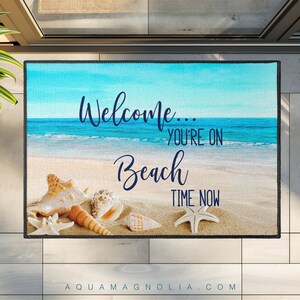 You're On Beach Time Now Welcome Rug, Coastal Doormat with Seashells and Starfish image 5